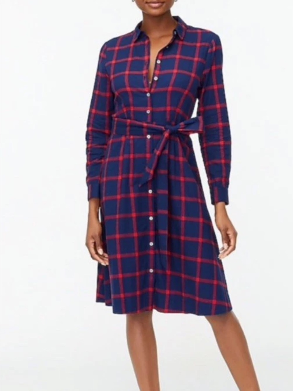 NWOT J CREW Tie Shirt Dress Plaid Flannel Navy Blue Red Button Belt Sz 4